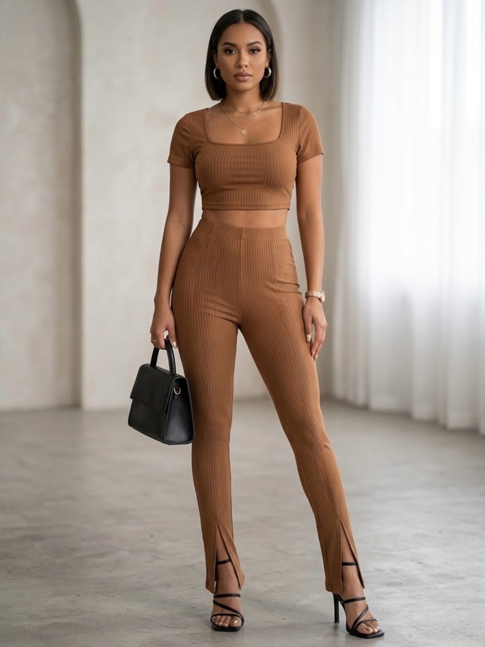 Ribbed High-Waist Skinny Pants Set in Tan